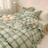 Plaid Ruffle Bedding Set - Green